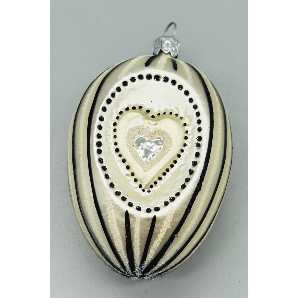 Unbranded Ornament Cream Black Heart Stripes Glitter Glass